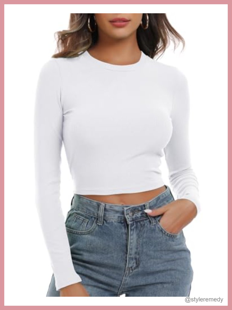 Long Sleeve Ribbed Knit Fitted Crop Top Casual Basic Shirt